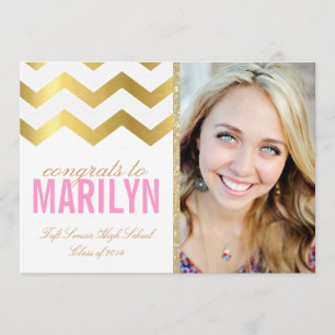 Gold Glitter Chevron Photo Graduation Invitation