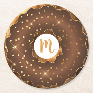 Gold glitter chocolate doughnut monogram bold glam round paper coaster
