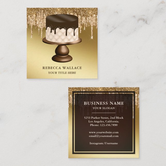 Gold Glitter Chocolate Drips Icing Cake Bakery Square Business Card (Front/Back)