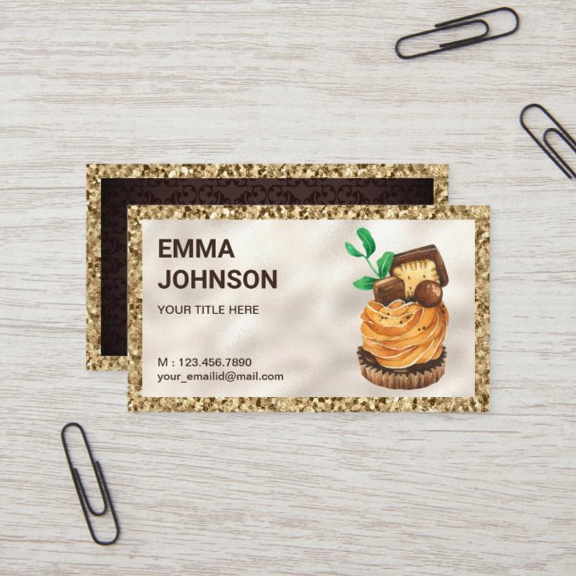 Gold Glitter Chocolate Tart Pastry Chef Bakery Business Card (Front/Back In Situ)