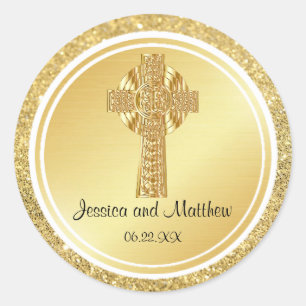 Gold Glitter Christian Wedding Sticker with Cross