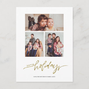 Gold Glitter Christmas 3 Photo Collage Holiday Postcard