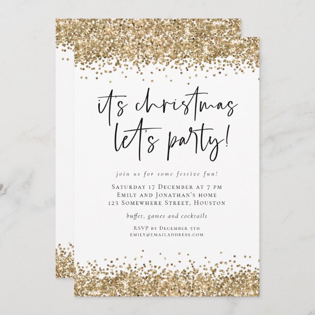 Gold Glitter Christmas Let’s Party Glam Invitation (Front/Back)