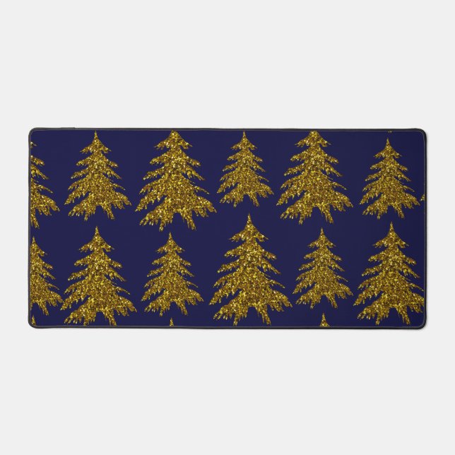 Gold glitter Christmas tree on blue background  Desk Mat (Front)