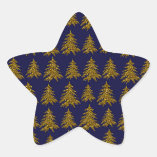 Gold glitter Christmas tree on blue background  Star Sticker