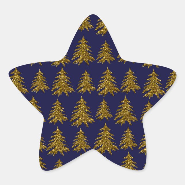Gold glitter Christmas tree on blue background  Star Sticker (Front)