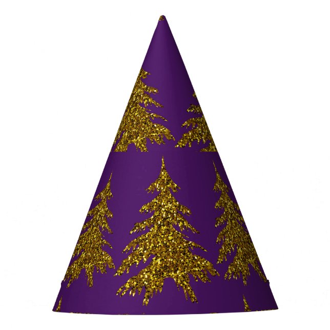 Gold glitter Christmas tree on purple background  Party Hat (Front)