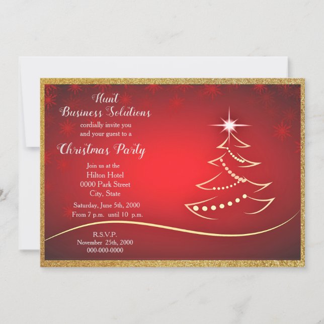 Gold Glitter Christmas Tree on Red Holiday Party Invitation (Front)