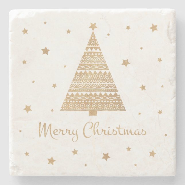 Gold Glitter Christmas Tree Star Merry Christmas Stone Coaster (Front)