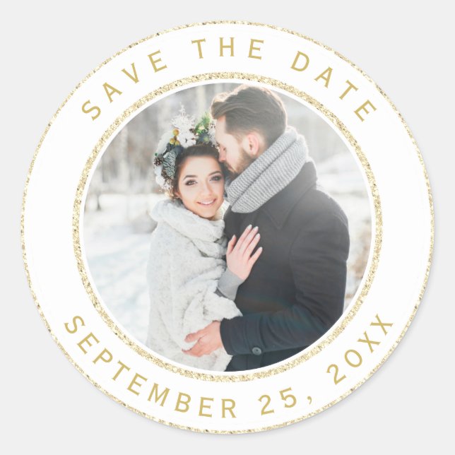 Gold Glitter Circle Wedding Photo Save the Date Classic Round Sticker (Front)