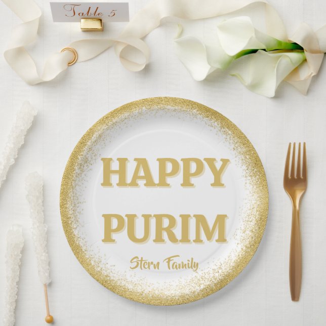 Gold Glitter Classic Custom Happy Purim Paper Plate (Wedding)