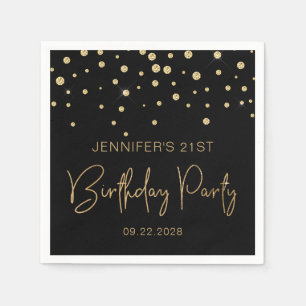 Gold Glitter Confetti 21st Birthday Party Black Napkin