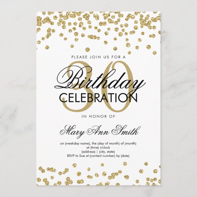 Gold Glitter Confetti 30th Birthday White Invitation (Front)