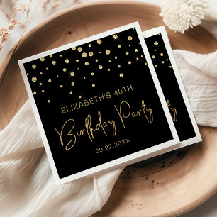Gold Glitter Confetti 40th Birthday Party Black Napkin