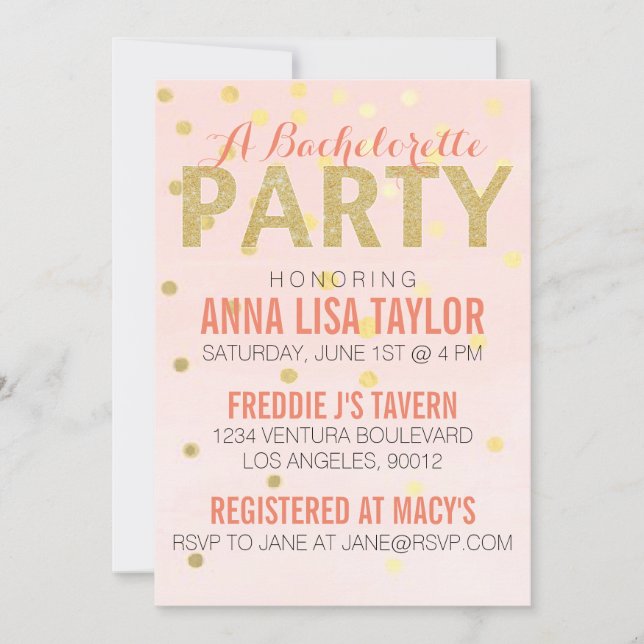 Gold Glitter Confetti Bachelorette Party Invitation (Front)