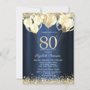 Gold Glitter Confetti Balloons Blue 80th  Invitation