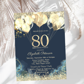 Gold Glitter Confetti Balloons Blue 80th  Invitation