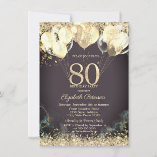 Gold Glitter Confetti Balloons Burgundy 80th  Invitation