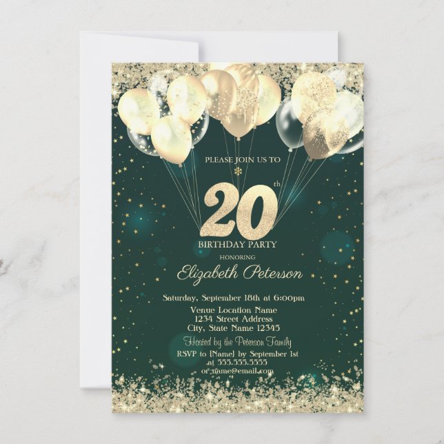 Gold Glitter Confetti Balloons Green 20th Birthday Invitation (Front)
