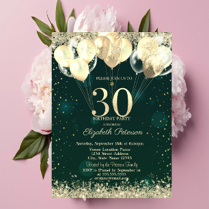 Gold Glitter Confetti Balloons Green 30th Birthday Invitation