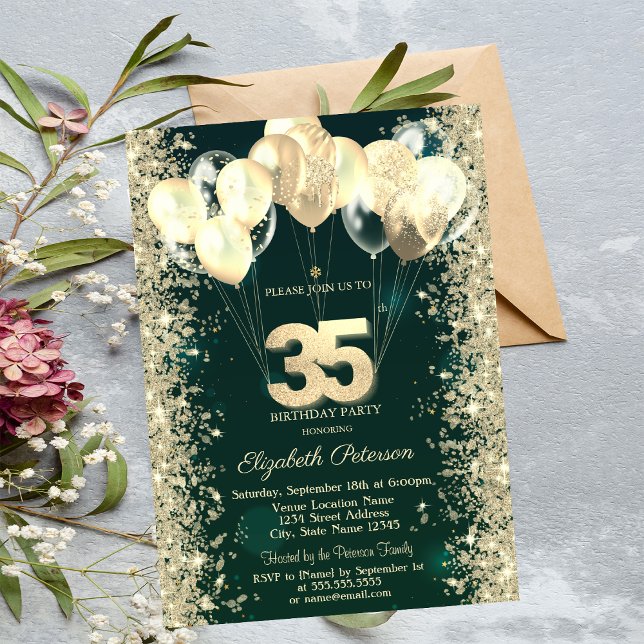 Gold Glitter Confetti Balloons Green 35th Birthday Invitation (Creator Uploaded)