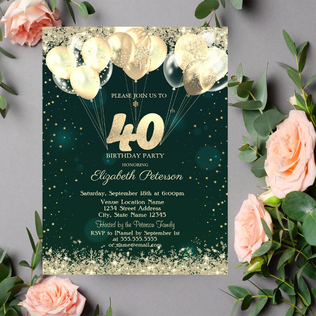 Gold Glitter Confetti Balloons Green 40th Birthday Invitation (Creator Uploaded)
