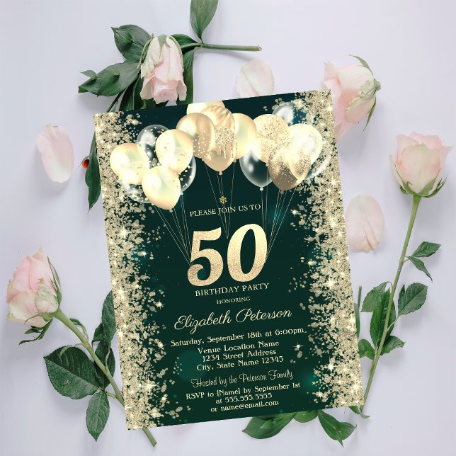 Gold Glitter Confetti Balloons Green 50th Birthday Invitation (Creator Uploaded)