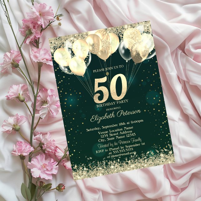 Gold Glitter Confetti Balloons Green 50th Birthday Invitation (Creator Uploaded)