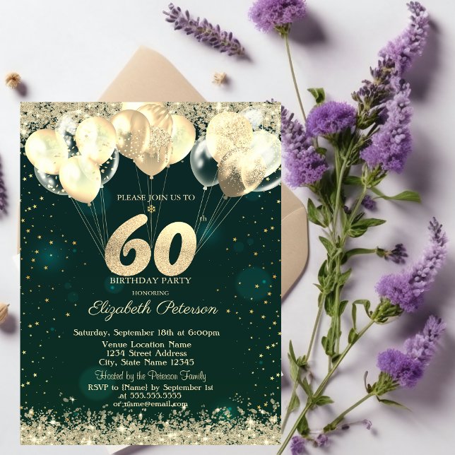 Gold Glitter Confetti Balloons Green 60th Birthday Invitation (Creator Uploaded)