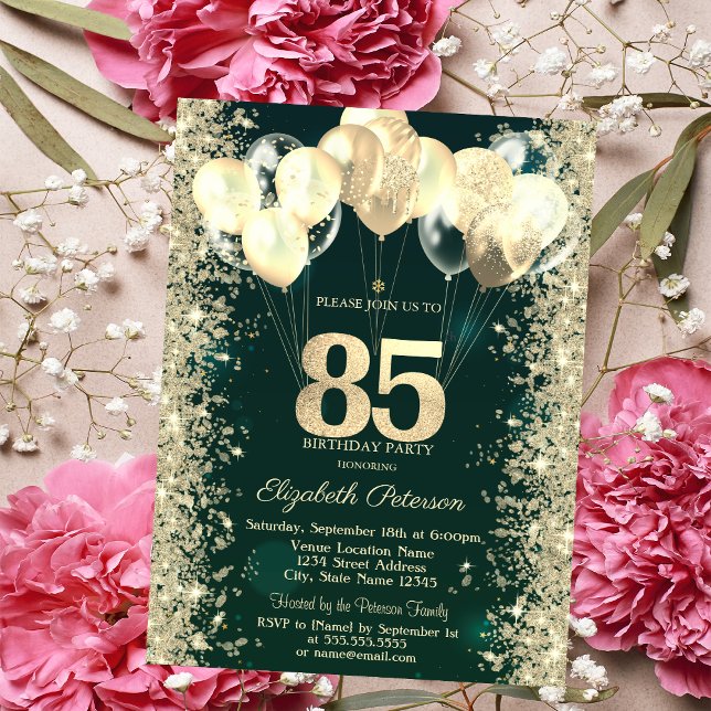 Gold Glitter Confetti Balloons Green 85th Birthday Invitation (Creator Uploaded)
