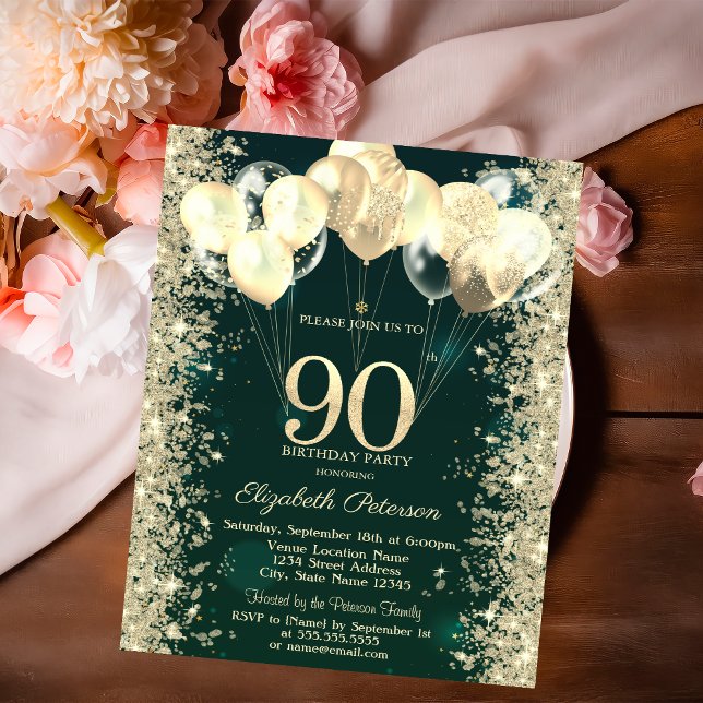 Gold Glitter Confetti Balloons Green 90th Birthday Invitation (Creator Uploaded)