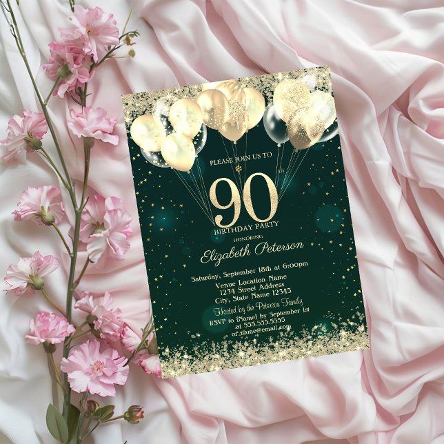 Gold Glitter Confetti Balloons Green 90th Birthday Invitation (Creator Uploaded)