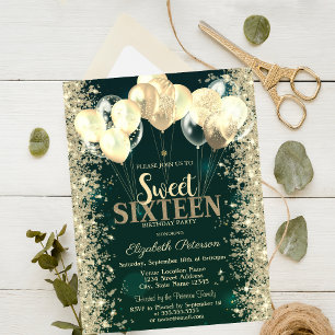 Gold Glitter Confetti Balloons Green Sweet 16 Invitation