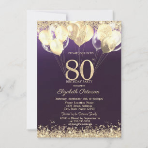 Gold Glitter Confetti Balloons Purple 80th  Invitation