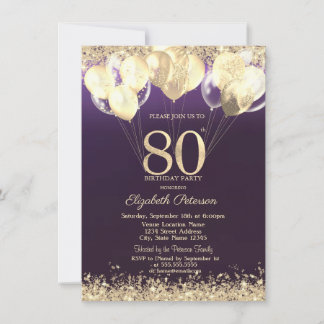 Gold Glitter Confetti Balloons Purple 80th  Invitation
