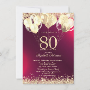 Gold Glitter Confetti Balloons Red 80th Birthday Invitation