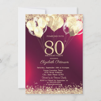 Gold Glitter Confetti Balloons Red 80th Birthday Invitation