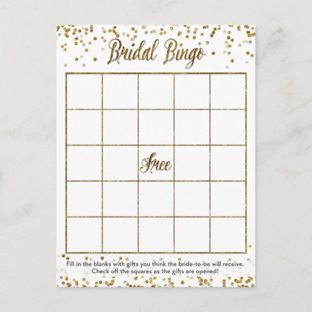 Gold Glitter Confetti Bingo Bridal Shower Game Invitation Postcard (Front)