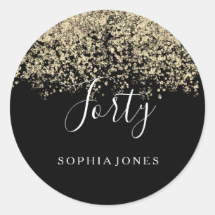 Gold Glitter Confetti Black 40th birthday party Classic Round Sticker