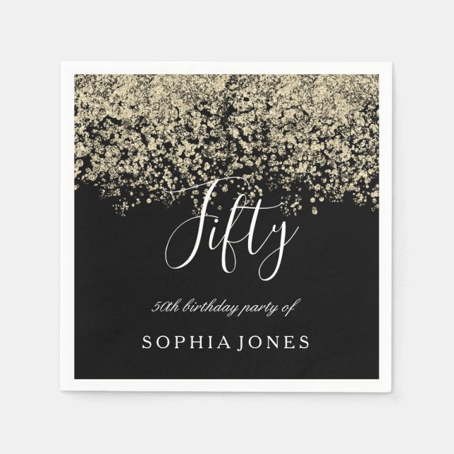 Gold Glitter Confetti Black 50th birthday party Napkin (Front)