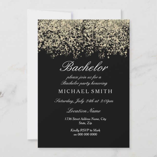 Gold Glitter Confetti Black Bachelor Party Invitation (Front)