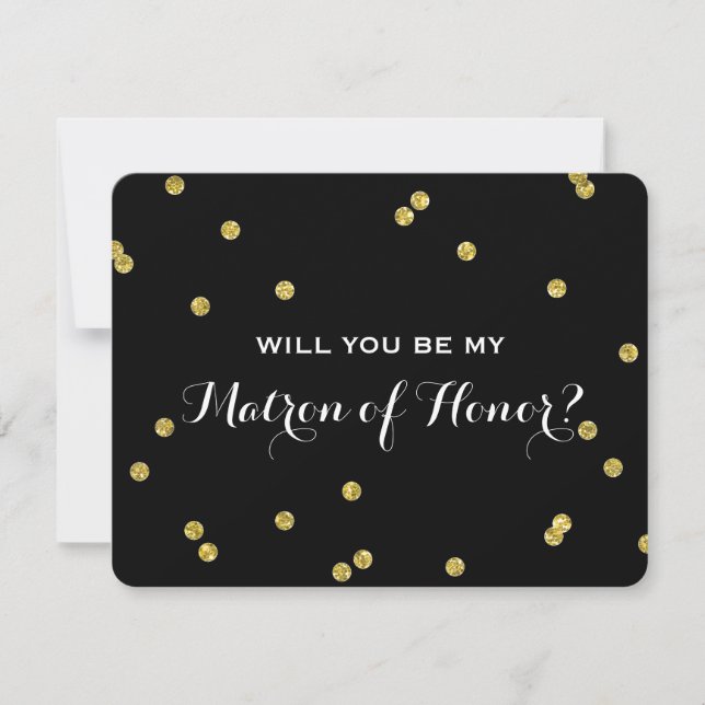Gold Glitter Confetti Black | Matron of Honour Invitation (Front)