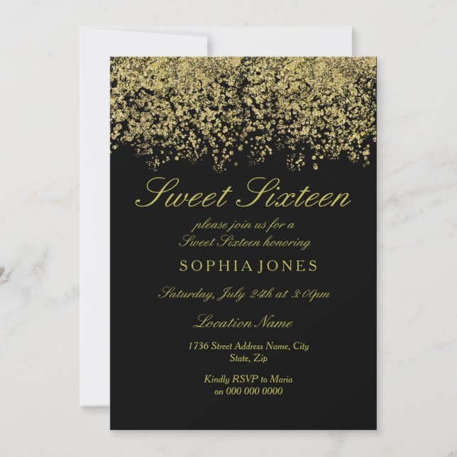 Gold Glitter Confetti Black Sweet 16 Invitation (Front)