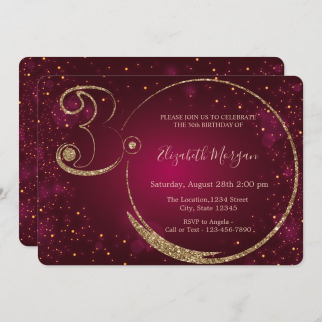  Gold Glitter Confetti Burgundy 30th Birthday   Invitation (Front/Back)