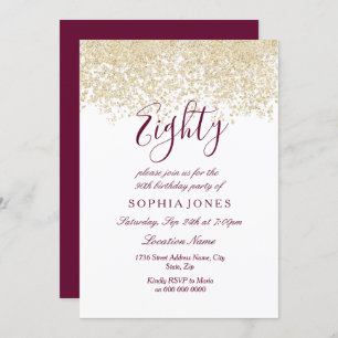 Gold Glitter Confetti Burgundy 80th birthday party Invitation