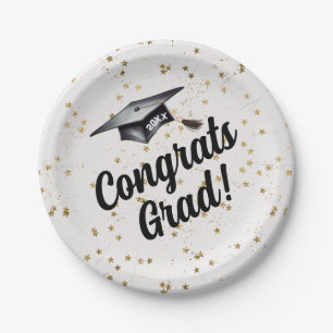Gold Glitter Confetti Congrats Grad Graduation Hat Paper Plate