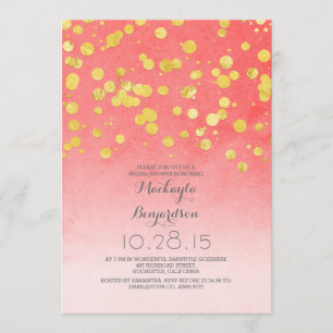 gold glitter confetti coral pink bridal shower invitation