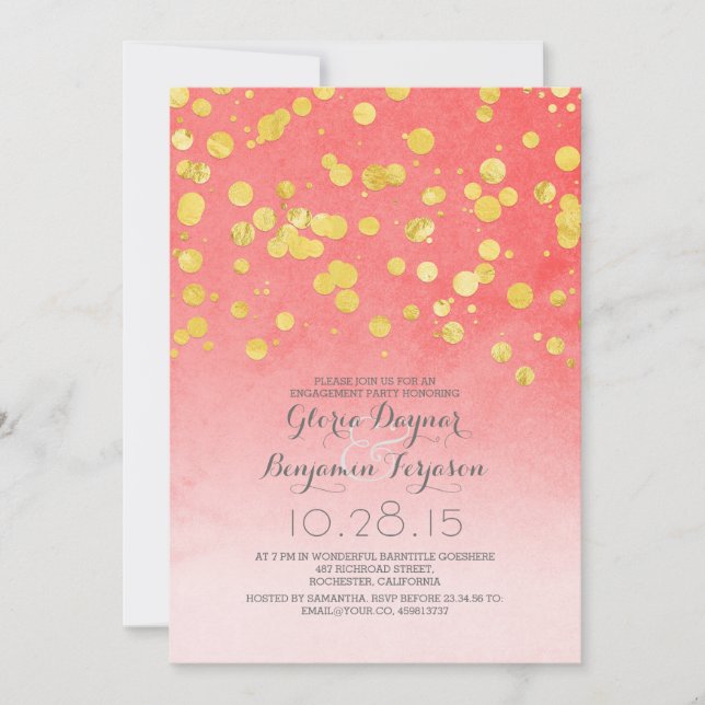 gold glitter confetti coral pink engagement party invitation (Front)