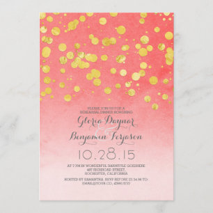 gold glitter confetti coral pink rehearsal dinner invitation