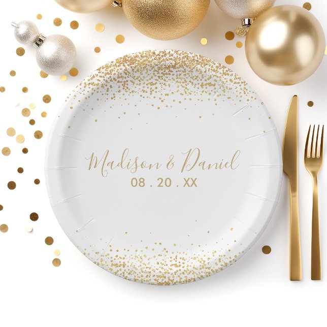 Gold Glitter Confetti Elegant Personalised Wedding Paper Plate (Creator Uploaded)